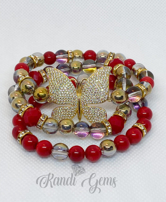 Red Beaded Bracelet Set, Gold Plated CZ Pave Accent