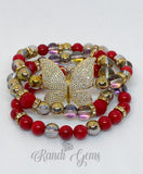 Red Beaded Bracelet Set, Gold Plated CZ Pave Accent