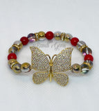 Red Beaded Bracelet Set, Gold Plated CZ Pave Accent