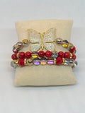 Red Beaded Bracelet Set, Gold Plated CZ Pave Accent