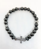 Gray Black Hematite and Crystal Ankh Cross Beaded Bracelet