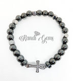 Gray Black Hematite and Crystal Ankh Cross Beaded Bracelet