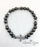 Gray Black Hematite and Crystal Ankh Cross Beaded Bracelet