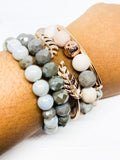 Pink Zebra Jasper Stretch Beaded Bracelet Set (Gray Set)