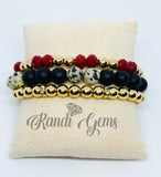 Natural Dalmation Jasper Stone Stretch Beaded Bracelet Set, Red, Black and Gold Plated