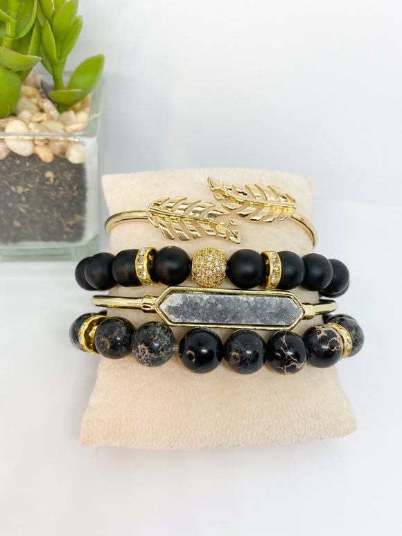 Black and Gold Stack Beaded 4 piece Bracelet Set