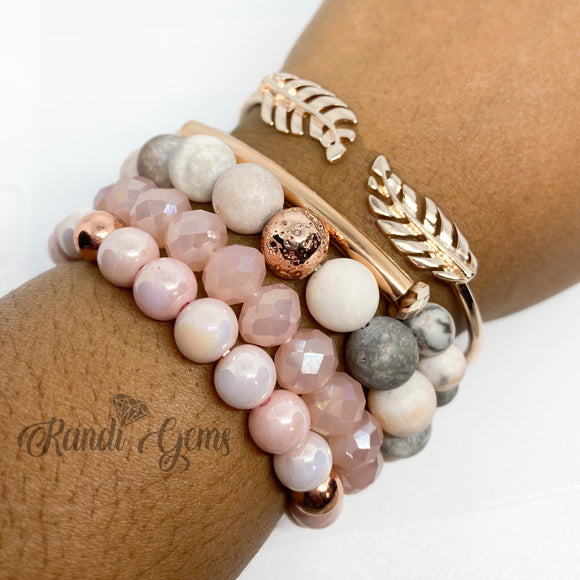 Pink Zebra Jasper Gemstone, Stretch Beaded Bracelet (Pink Set)