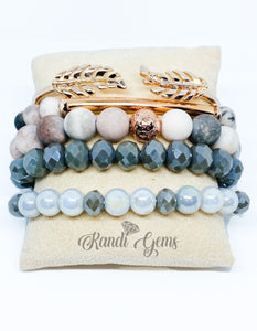 Pink Zebra Jasper Stretch Beaded Bracelet Set (Gray Set)