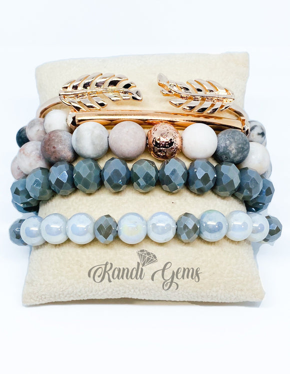 Pink Zebra Jasper Stretch Beaded Bracelet Set (Gray Set)
