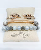 Pink Zebra Jasper Stretch Beaded Bracelet Set (Gray Set)