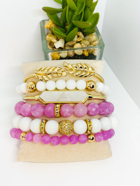 Matte Pink Chalcedony Gemstone Stretch Bead Bracelet Set - 6 Piece