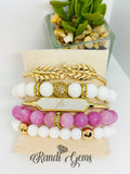 Matte Pink Chalcedony Gemstone Stretch Bead Bracelet Set - 6 Piece