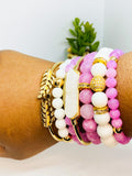 Matte Pink Chalcedony Gemstone Stretch Bead Bracelet Set - 6 Piece