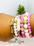 Matte Pink Chalcedony Gemstone Stretch Bead Bracelet Set - 6 Piece