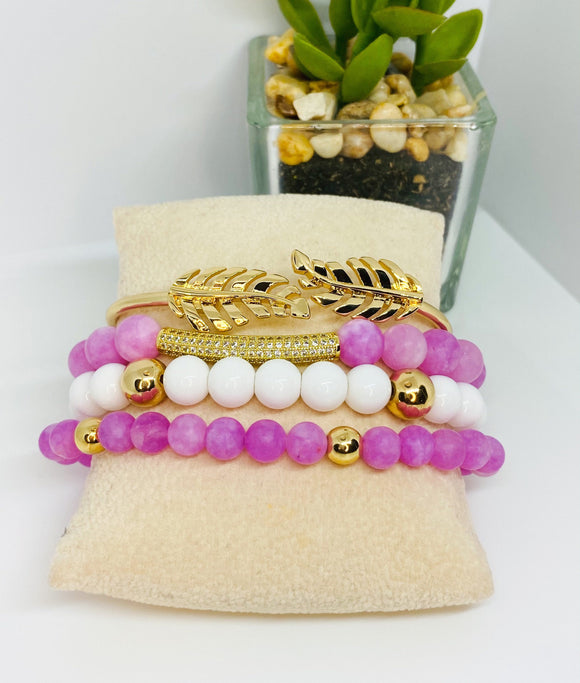 Matte Pink Chalcedony Quartz Beaded Bracelet Set - 4 piece