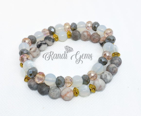 Pink Zebra Jasper Natural Gemstone, Pink and Gray Bracelet Stack