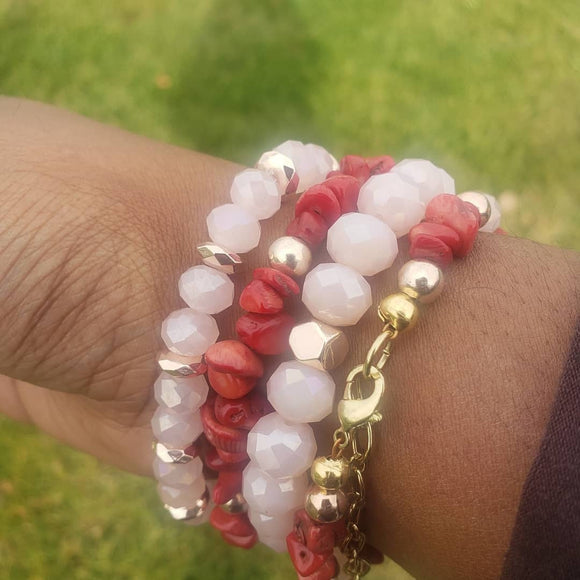 Red and Pink Stack Bracelet Set, Red coral and frosted pink glass beaded bracelets