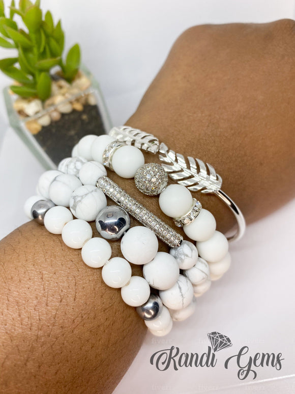 White & Silver Howlite Stretch Beaded Bracelet Set - 5 piece