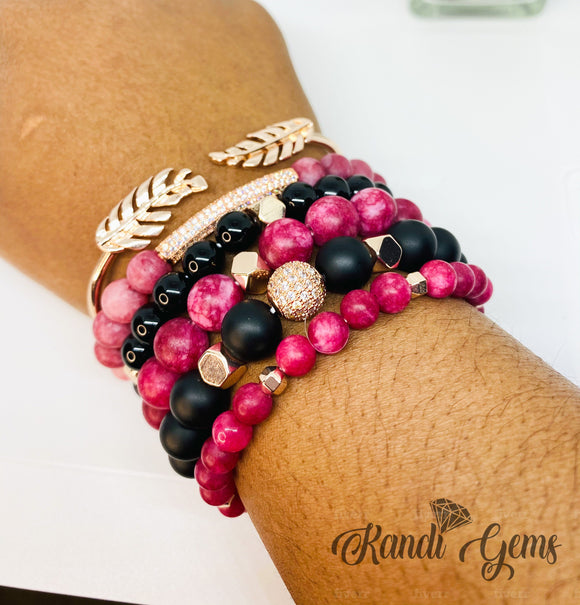 Red Mauve and Black Beaded Stack Stretch Bracelet Set