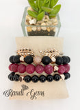 Red Mauve and Black Beaded Stack Stretch Bracelet Set