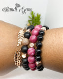 Red Mauve and Black Beaded Stack Stretch Bracelet Set