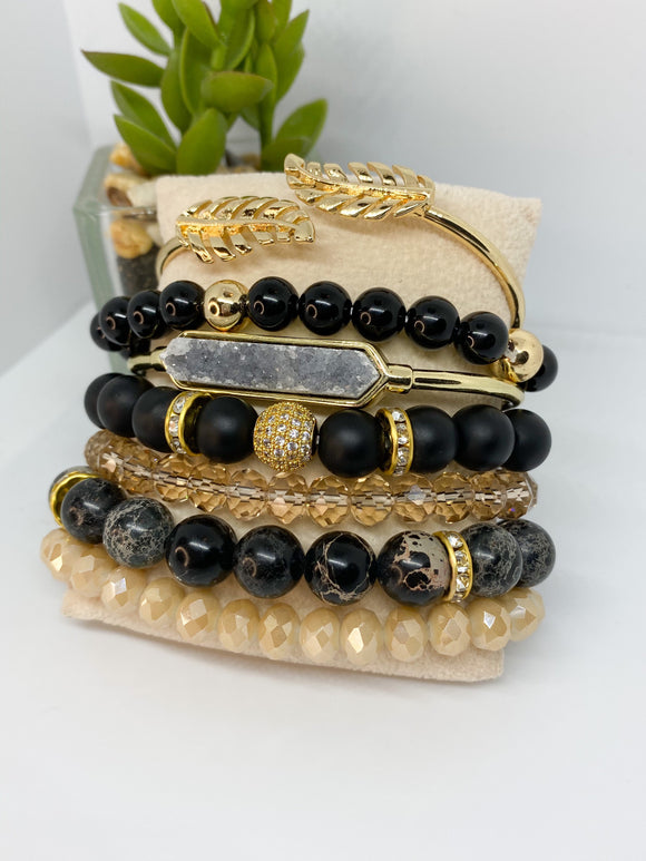 Black & Gold Jasper 7 piece Stretch Bracelet Set
