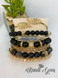 Black & Gold Jasper 7 piece Stretch Bracelet Set