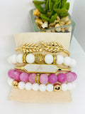 Matte Pink Chalcedony Gemstone Stretch Bead Bracelet Set - 6 Piece