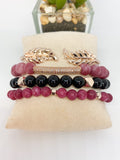 Red Mauve and Black Beaded Stack Stretch Bracelet Set