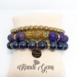 Purple Turquoise Natural Stone, Glass & Gold Beaded Bracelet Set - 3 piece