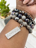 Purple and Gray “Blessed” Beaded Bracelet Stack Set