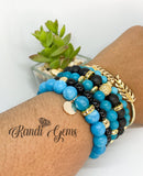 Blue Chalcedony & Black Agate Gemstones, Gold Stretch Beaded Bracelet Set -  6 piece