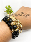 Black Agate & 14K Gold Stretch Beaded Bracelet Set - 4 piece