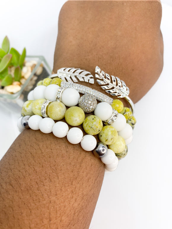 Yellow Green Turquoise Gemstone Stretch Beaded Bracelet Set - 5 piece