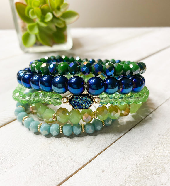 Green Blue Glass Beaded Stacked 5 Piece Bracelet Set
