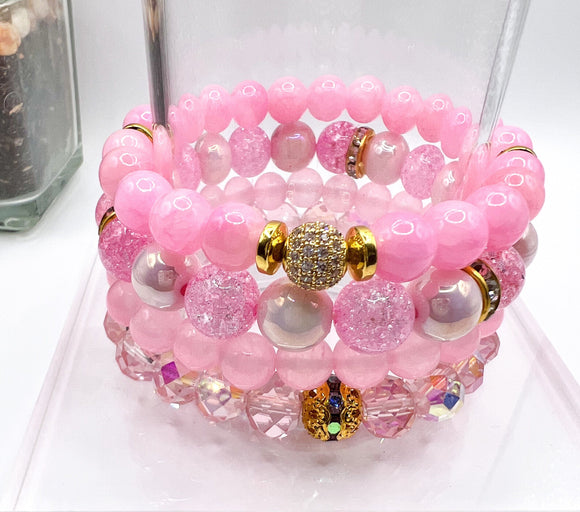 Pink Quartz and Crystal Stacked Beaded Bracelet Set