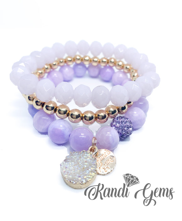 Purple Jade Chalcedony Natural Stone, Glass & Gold Beaded Bracelet Set - 3 piece