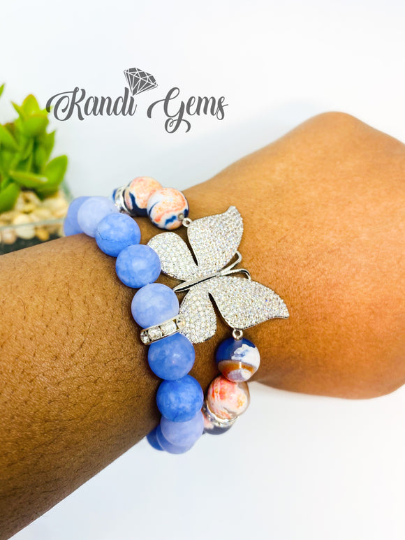 Natural Blue Orange Fire Agate Stone Boho Bracelet Set - 2 Piece