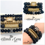 Black Lava Rock, Gold Plated Hematite and Crystal Bracelet Set
