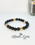 Black Agate & 14K Gold Stretch Beaded Bracelet Set - 4 piece