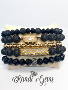 Black Lava Rock, Gold Plated Hematite and Crystal Bracelet Set