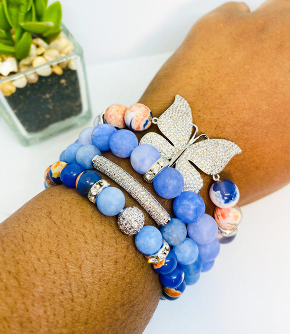 Natural Blue Orange Fire Agate Stone Boho Bracelet Set - 4 Piece