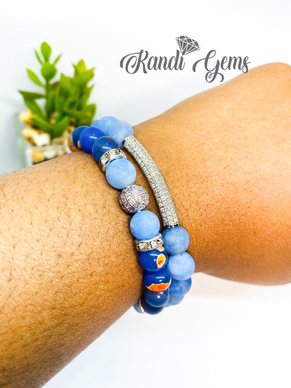 Natural Blue Orange Fire Agate Stone Boho Bracelet Set - 2 Piece