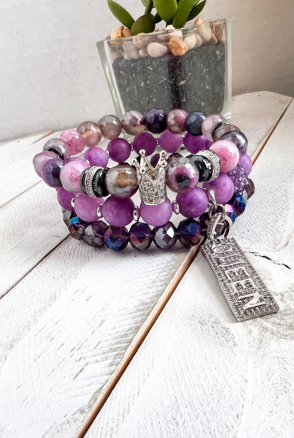 Purple “Queen” Beaded Bracelet Stack Set
