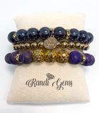 Purple Turquoise Natural Stone, Glass & Gold Beaded Bracelet Set - 3 piece