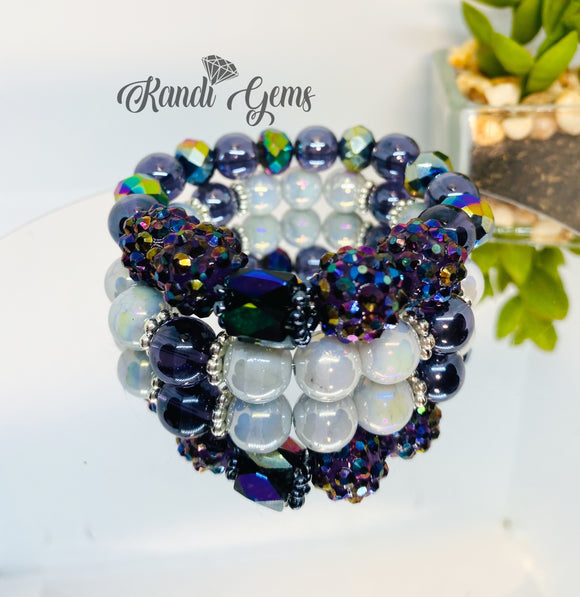 Purple and Gray Stretch Beaded Stack Bracelet Set
