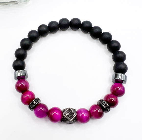 Fuchsia Tiger Eye and Onyx Beaded Bracelet