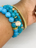 Blue Chalcedony Gemstone Gold Stretch Beaded Bracelet Set - 4 piece