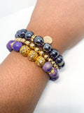 Purple Turquoise Natural Stone, Glass & Gold Beaded Bracelet Set - 3 piece