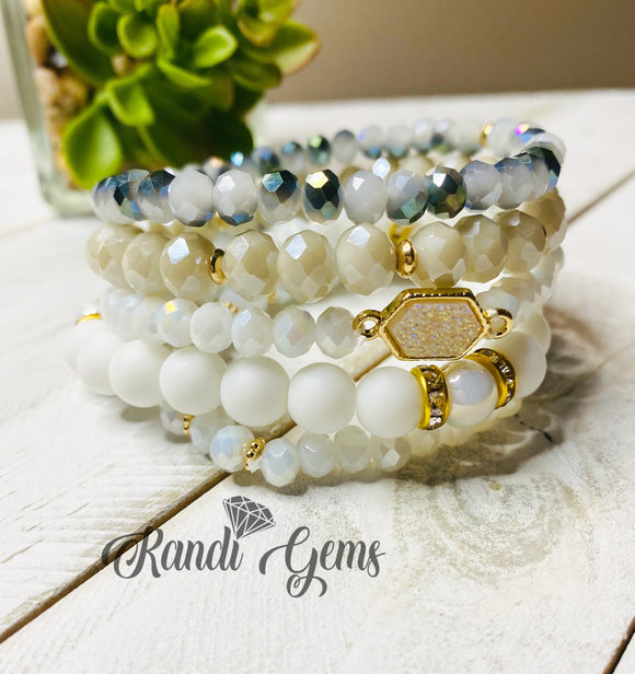 White 5 piece Agate and Glass Beaded Stacked Bracelet Set